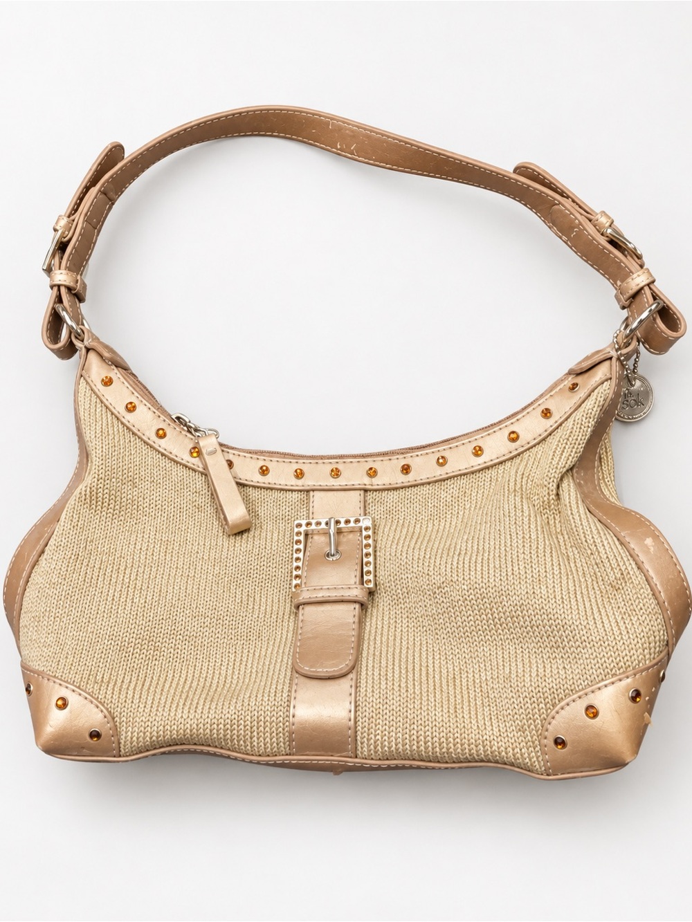 The Sak Y2K Crochet Rhinestone Hobo Shoulder Bag Beige Gold